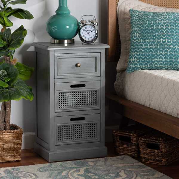 Baxton Studio Sheldon Modern and Contemporary Vintage Grey Finished Wood and Synthetic Rattan 3-Drawer Nightstand 190-11951-ZORO